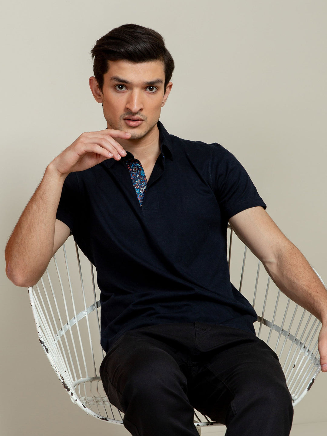 Brumano  Solids Cotton Polo Navy Blue Jacquard Polo Shirt With Floral Detailing