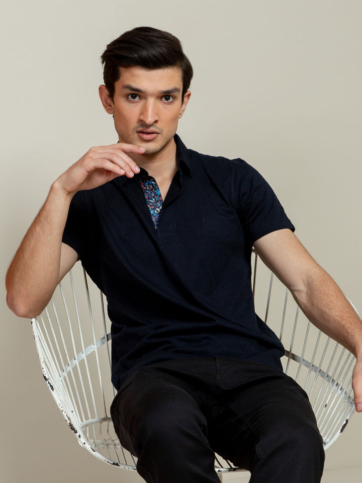 Brumano  Solids Cotton Polo Navy Blue Jacquard Polo Shirt With Floral Detailing