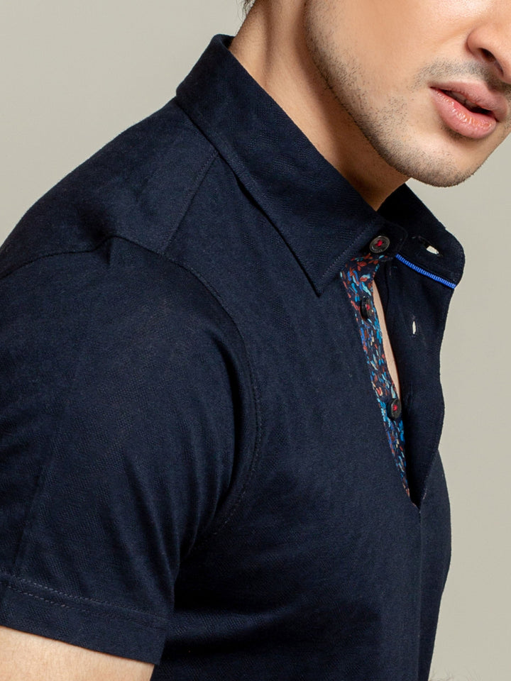 Brumano  Solids Cotton Polo Navy Blue Jacquard Polo Shirt With Floral Detailing