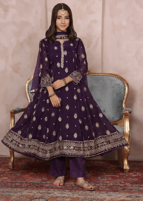 Mommy and Me by Abaan Zohan RTW Embroidered Chiffon 3 Piece Suit Raunak Kids Purple - Festive Collection