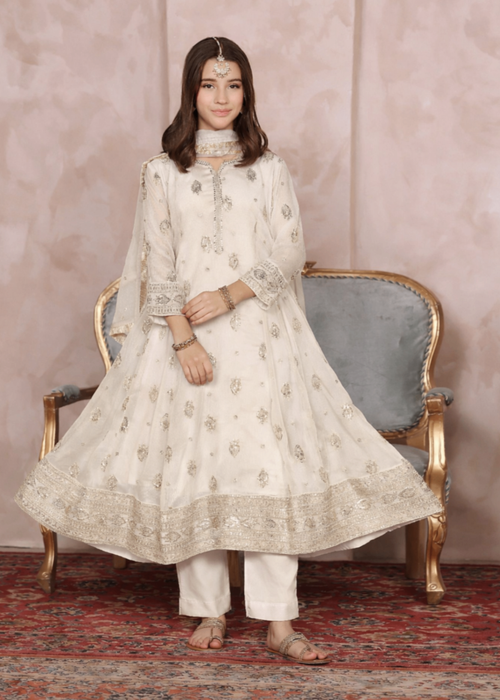 Mommy and Me by Abaan Zohan RTW Embroidered Chiffon 3 Piece Suit Raunak Kids off White - Festive Collection