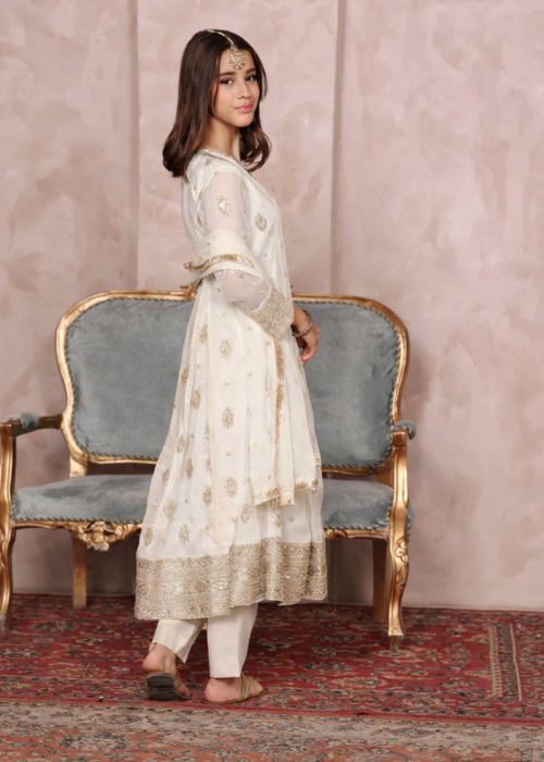 Mommy and Me by Abaan Zohan RTW Embroidered Chiffon 3 Piece Suit Raunak Kids off White - Festive Collection