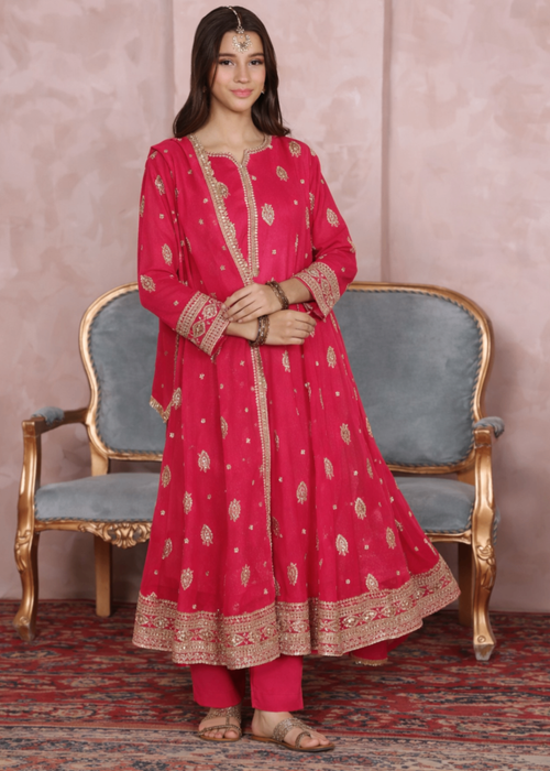 Mommy and Me by Abaan Zohan RTW Embroidered Chiffon 3 Piece Suit Raunak Kids vivid pink - Festive Collection