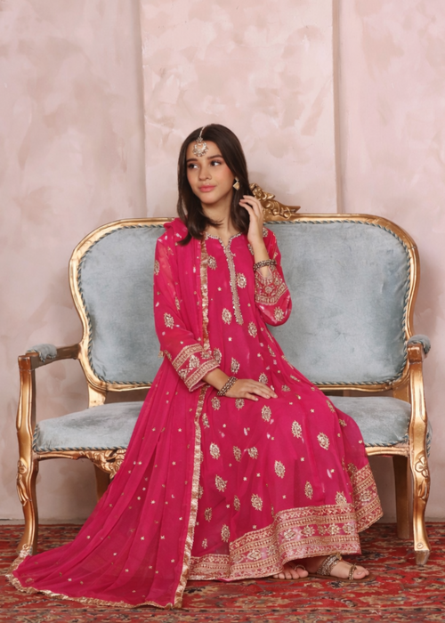 Mommy and Me by Abaan Zohan RTW Embroidered Chiffon 3 Piece Suit Raunak Kids vivid pink - Festive Collection