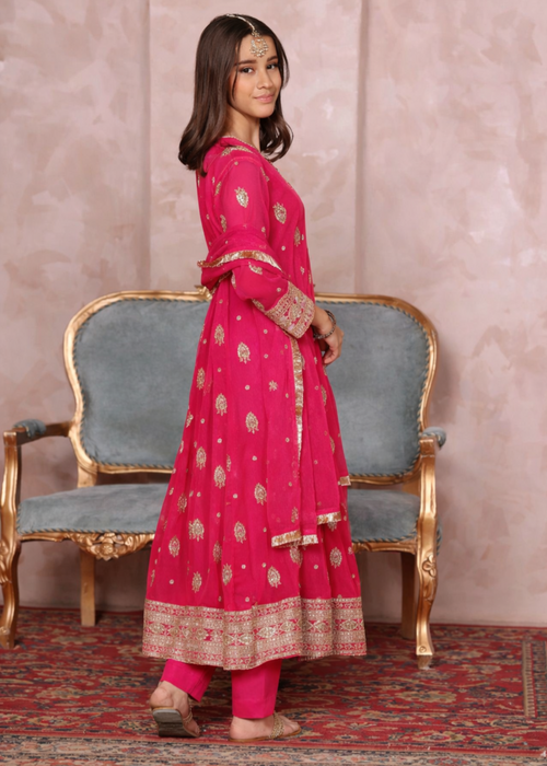 Mommy and Me by Abaan Zohan RTW Embroidered Chiffon 3 Piece Suit Raunak Kids vivid pink - Festive Collection