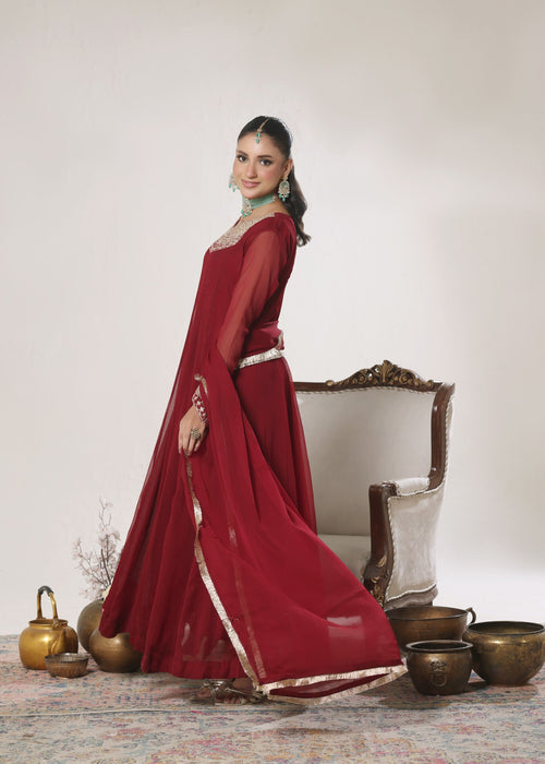 Abaan Zohan Women RTW Embroidered Chiffon 3 Piece Suit Nelofer Maroon - Festive Collection