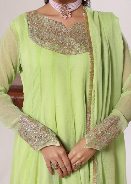 Abaan Zohan Women RTW Embroidered Chiffon 3 Piece Suit Nelofer Green - Festive Collection