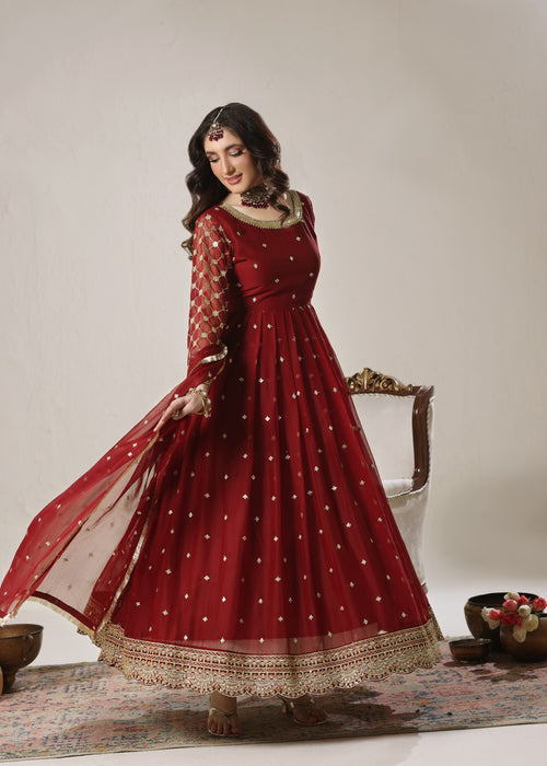 Abaan Zohan Women RTW Embroidered Chiffon 3 Piece Suit Bahar Maroon - Festive Collection