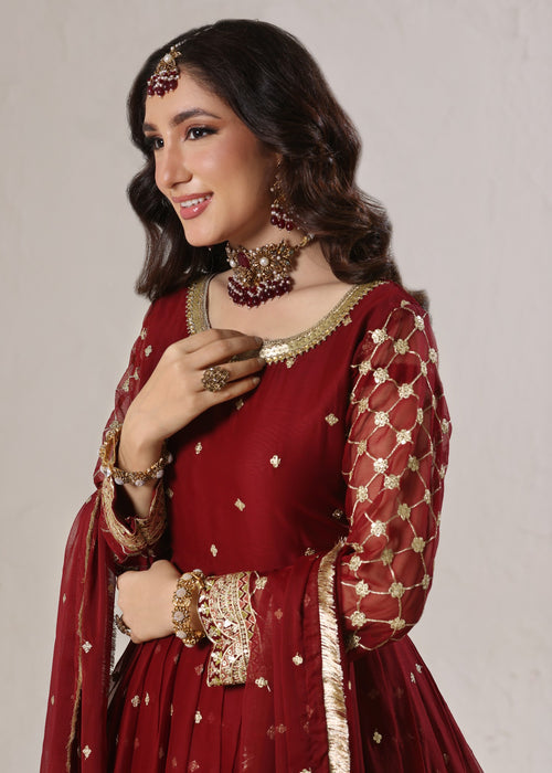 Abaan Zohan Women RTW Embroidered Chiffon 3 Piece Suit Bahar Maroon - Festive Collection