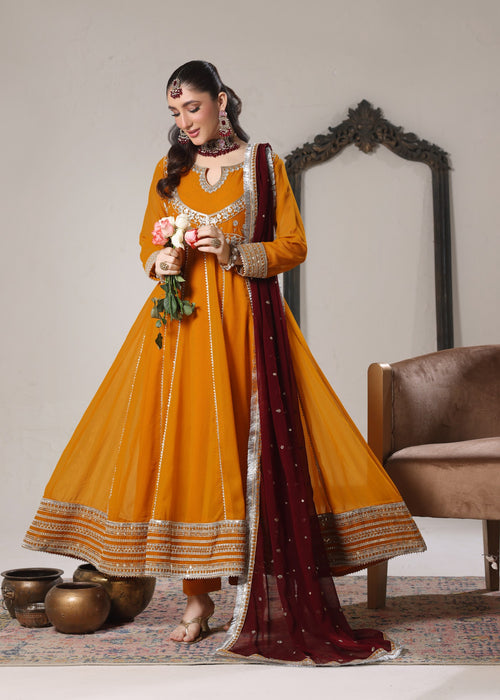 Abaan Zohan Women RTW Embroidered Chiffon 3 Piece Suit Hooriya Mustard - Festive Collection