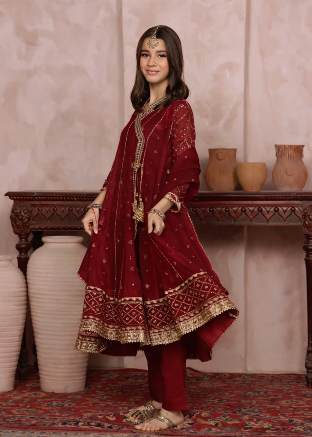 Mommy and Me by Abaan Zohan RTW Embroidered Chiffon 3 Piece Suit NAYAAB Kids Maroon - Festive Collection