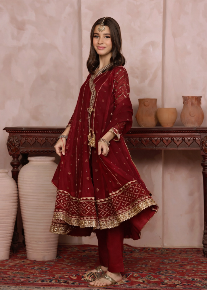 Mommy and Me by Abaan Zohan RTW Embroidered Chiffon 3 Piece Suit NAYAAB Kids Maroon - Festive Collection