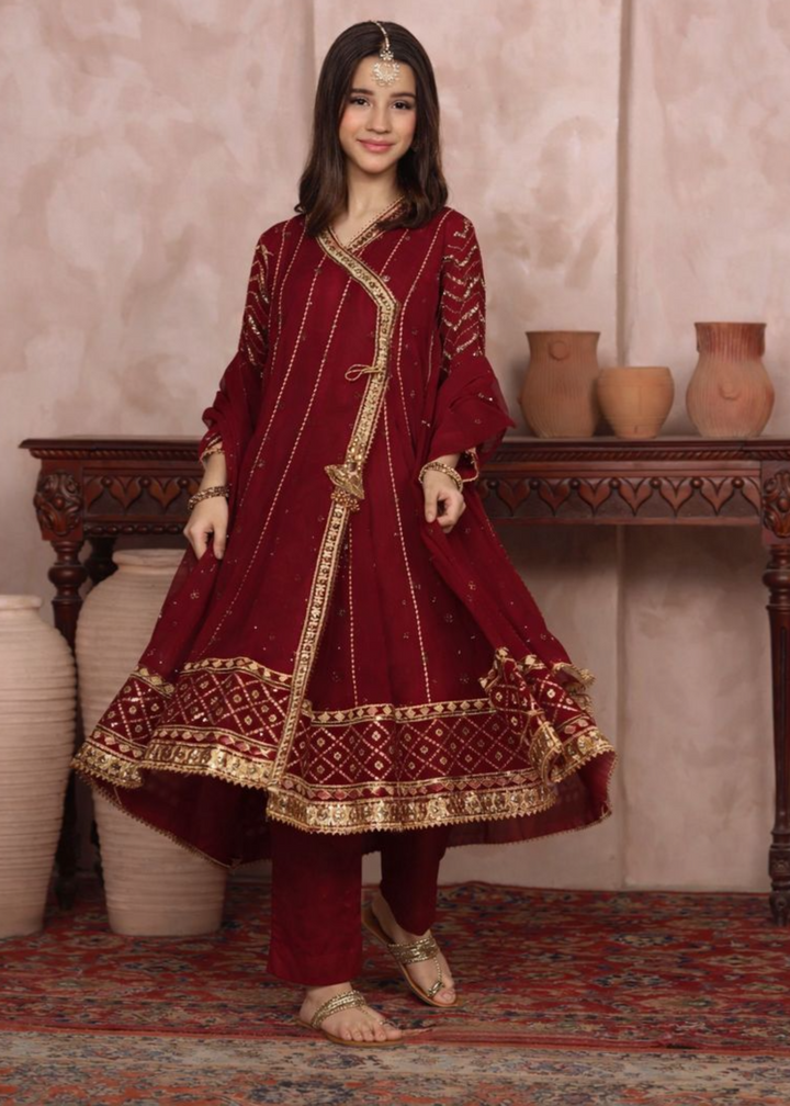 Mommy and Me by Abaan Zohan RTW Embroidered Chiffon 3 Piece Suit NAYAAB Kids Maroon - Festive Collection