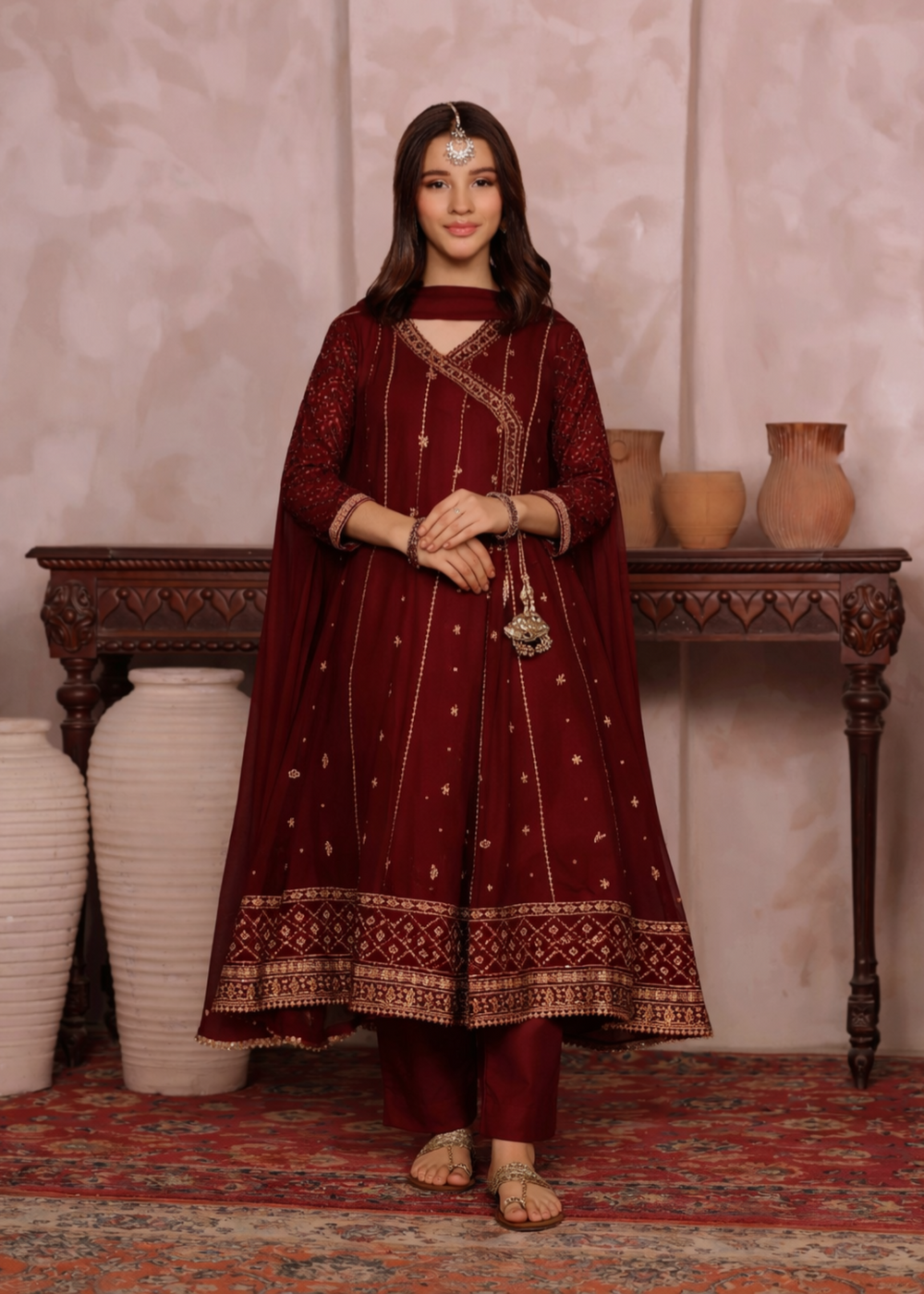 Mommy and Me by Abaan Zohan RTW Embroidered Chiffon 3 Piece Suit NAYAAB Kids Maroon - Festive Collection