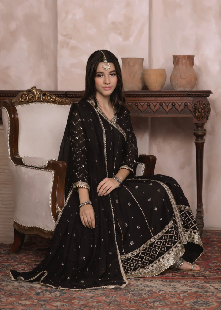 Mommy and Me by Abaan Zohan RTW Embroidered Chiffon 3 Piece Suit NAYAAB Kids Black - Festive Collection