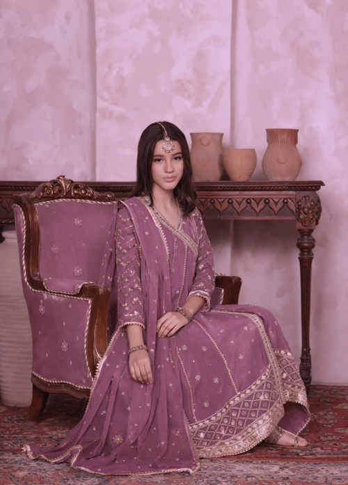 Mommy and Me by Abaan Zohan RTW Embroidered Chiffon 3 Piece Suit NAYAAB Kids lilac - Festive Collection