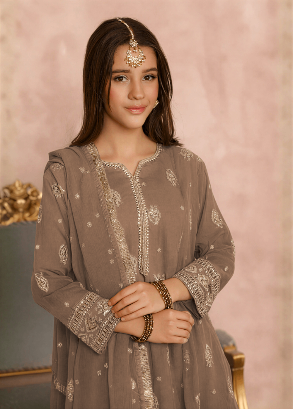 Mommy and Me by Abaan Zohan RTW Embroidered Chiffon 3 Piece Suit Raunak kids Brown - Festive Collection