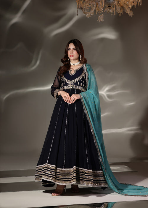 Abaan Zohan Women RTW Embroidered Chiffon 3 Piece Suit Hooriya Navy Blue - Festive Collection