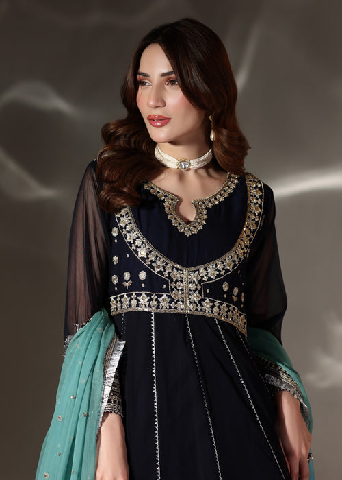Abaan Zohan Women RTW Embroidered Chiffon 3 Piece Suit Hooriya Navy Blue - Festive Collection
