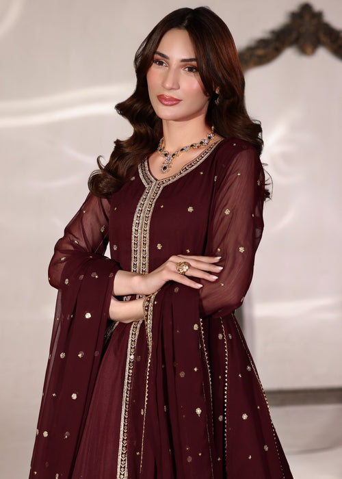 Abaan Zohan Women RTW Embroidered Chiffon 3 Piece Suit Velora Maroon - Festive Collection