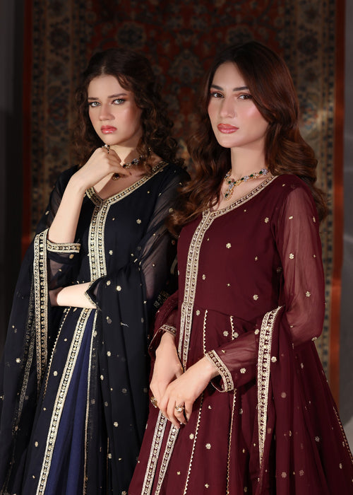 Abaan Zohan Women RTW Embroidered Chiffon 3 Piece Suit Velora Maroon - Festive Collection
