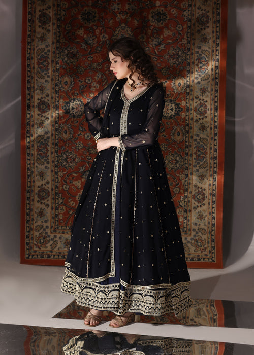 Abaan Zohan Women RTW Embroidered Chiffon 3 Piece Suit Velora Navy Blue - Festive Collection