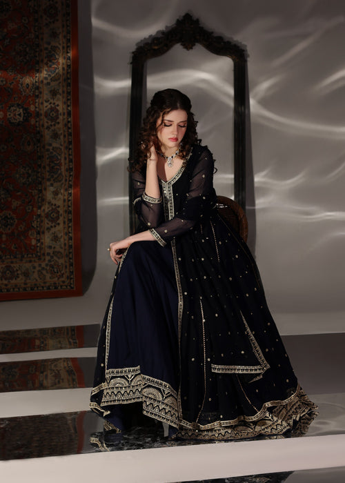 Abaan Zohan Women RTW Embroidered Chiffon 3 Piece Suit Velora Navy Blue - Festive Collection