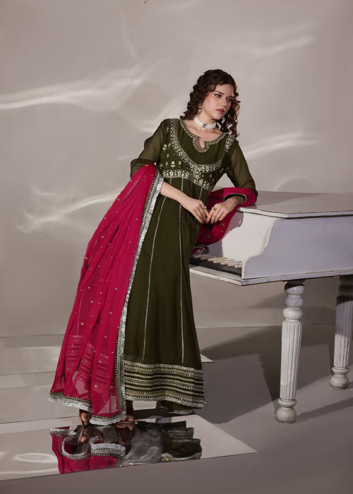 Abaan Zohan Women RTW Embroidered Chiffon 3 Piece Suit Hooriya Dark Olive - Festive Collection
