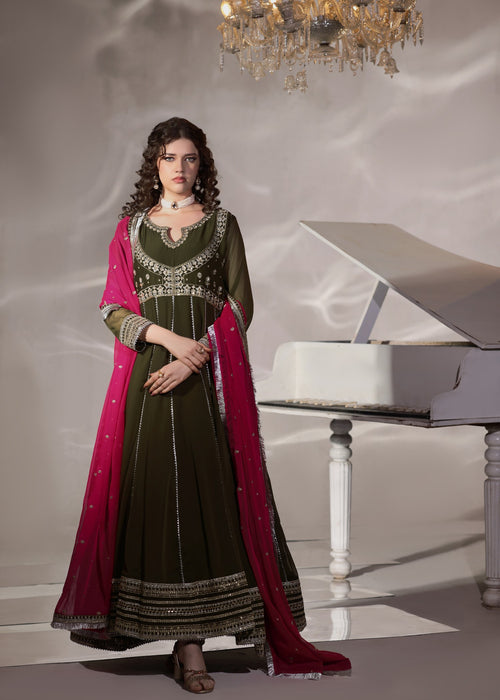 Abaan Zohan Women RTW Embroidered Chiffon 3 Piece Suit Hooriya Dark Olive - Festive Collection