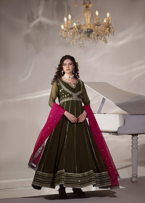 Abaan Zohan Women RTW Embroidered Chiffon 3 Piece Suit Hooriya Dark Olive - Festive Collection
