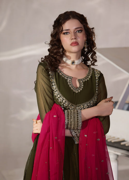 Abaan Zohan Women RTW Embroidered Chiffon 3 Piece Suit Hooriya Dark Olive - Festive Collection
