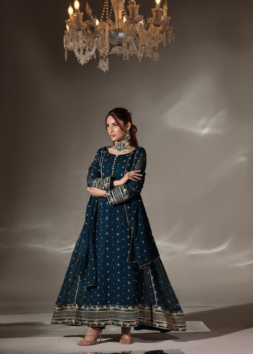 Abaan Zohan Women RTW Embroidered Chiffon 3 Piece Suit Aurora Peacock - Festive Collection
