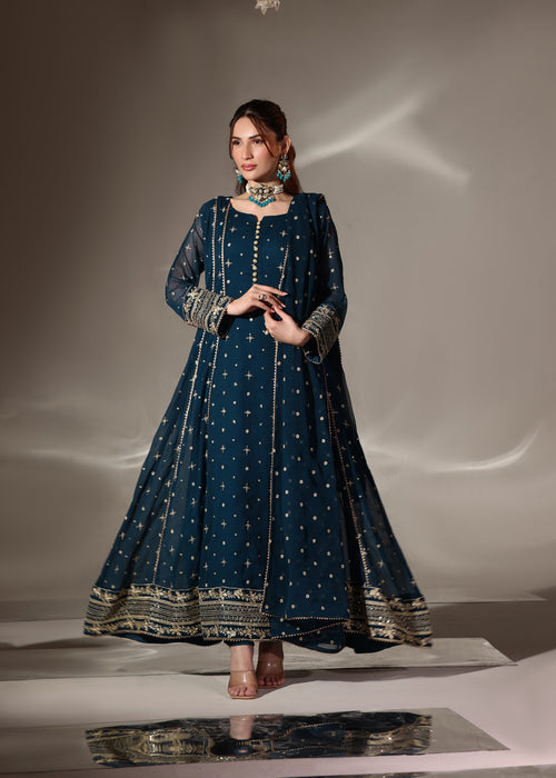 Abaan Zohan Women RTW Embroidered Chiffon 3 Piece Suit Aurora Peacock - Festive Collection