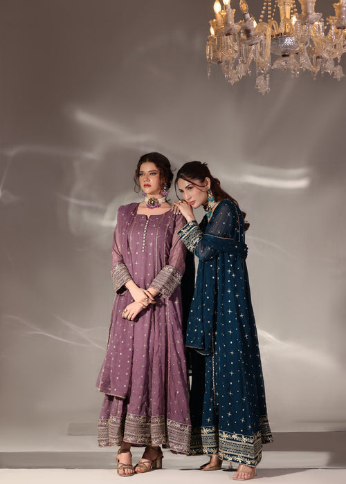 Abaan Zohan Women RTW Embroidered Chiffon 3 Piece Suit Aurora Peacock - Festive Collection