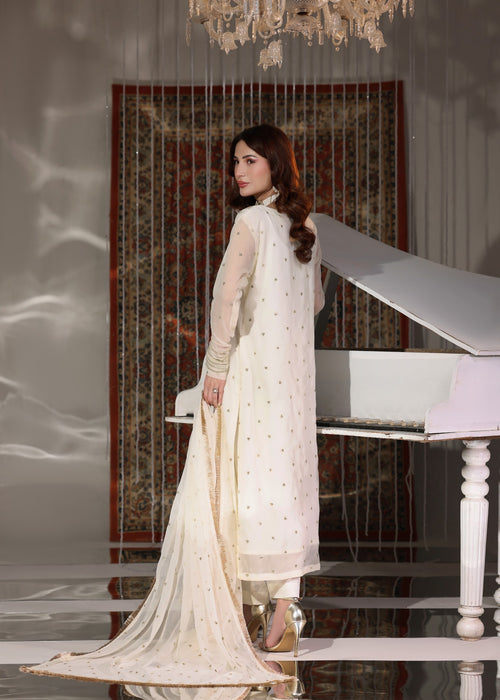 Abaan Zohan Women RTW Embroidered Chiffon 3 Piece Suit Tehzeeb off White - Festive Collection