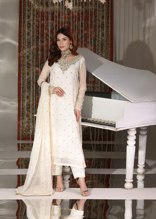 Abaan Zohan Women RTW Embroidered Chiffon 3 Piece Suit Tehzeeb off White - Festive Collection