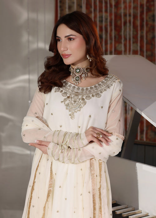 Abaan Zohan Women RTW Embroidered Chiffon 3 Piece Suit Tehzeeb off White - Festive Collection