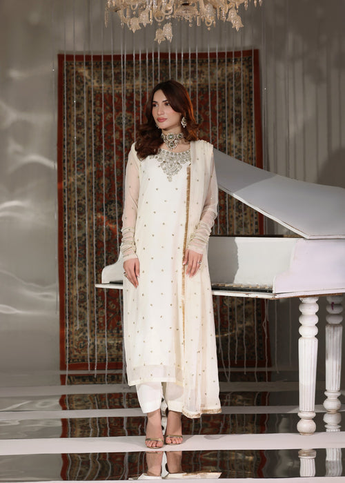Abaan Zohan Women RTW Embroidered Chiffon 3 Piece Suit Tehzeeb off White - Festive Collection