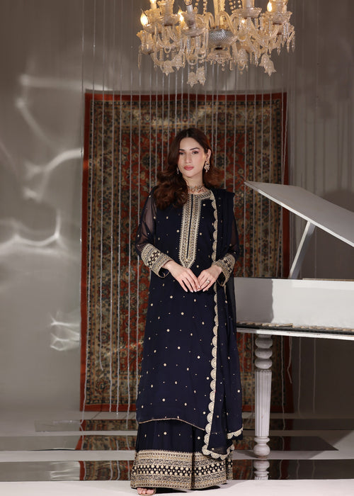Abaan Zohan Women RTW Embroidered Chiffon 3 Piece Suit Nazakat Navy Blue - Festive Collection