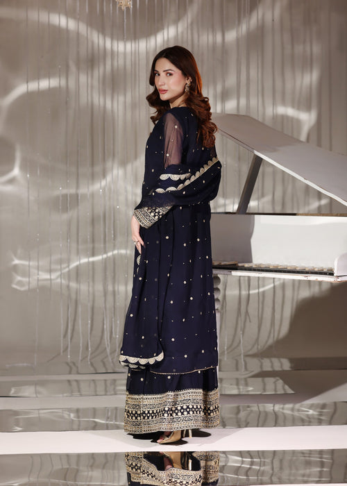 Abaan Zohan Women RTW Embroidered Chiffon 3 Piece Suit Nazakat Navy Blue - Festive Collection