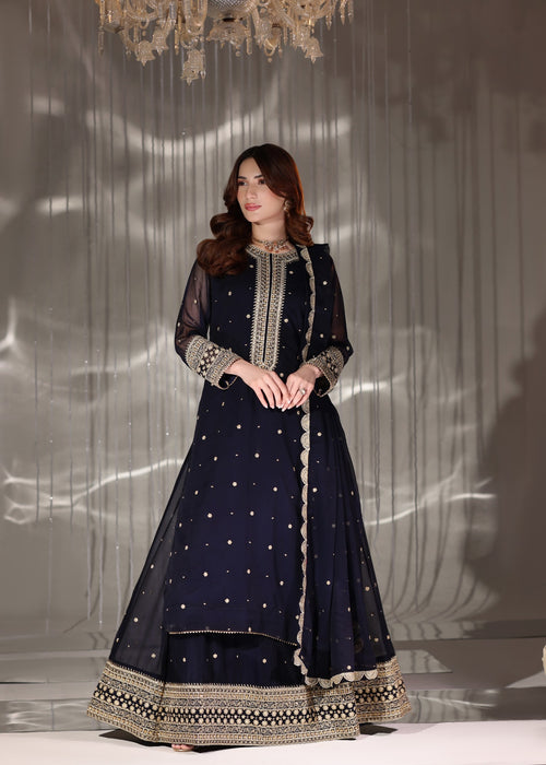Abaan Zohan Women RTW Embroidered Chiffon 3 Piece Suit Nazakat Navy Blue - Festive Collection