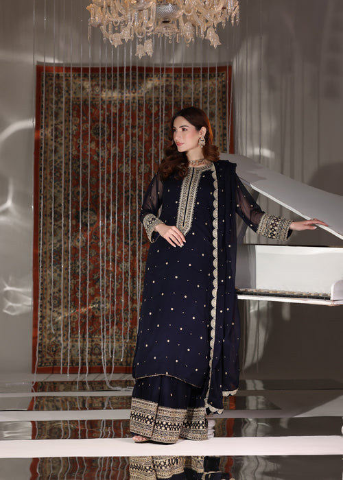 Abaan Zohan Women RTW Embroidered Chiffon 3 Piece Suit Nazakat Navy Blue - Festive Collection