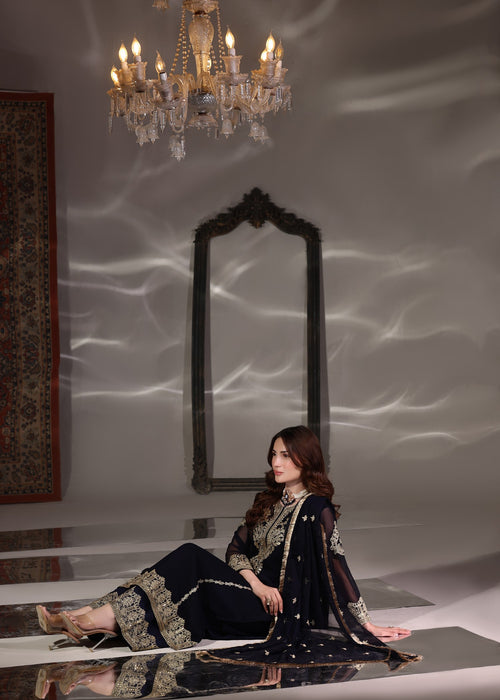Abaan Zohan Women RTW Embroidered Chiffon 3 Piece Suit Andaz Navy Blue - Festive Collection