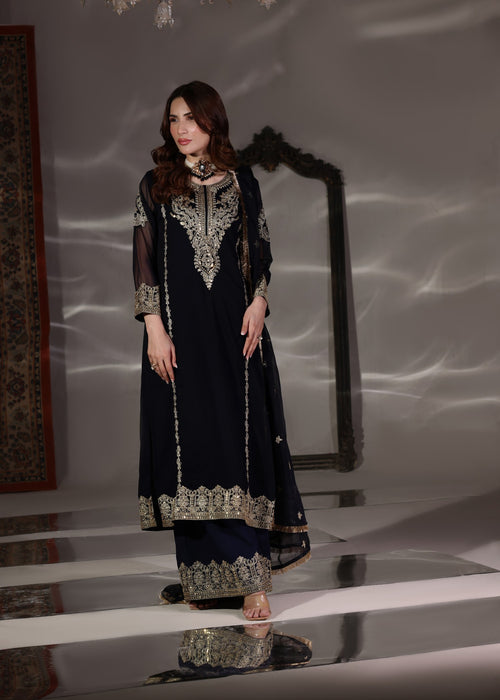 Abaan Zohan Women RTW Embroidered Chiffon 3 Piece Suit Andaz Navy Blue - Festive Collection