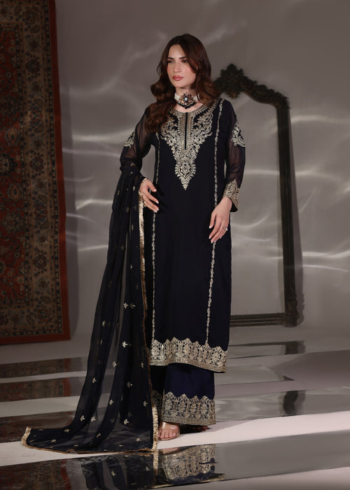Abaan Zohan Women RTW Embroidered Chiffon 3 Piece Suit Andaz Navy Blue - Festive Collection