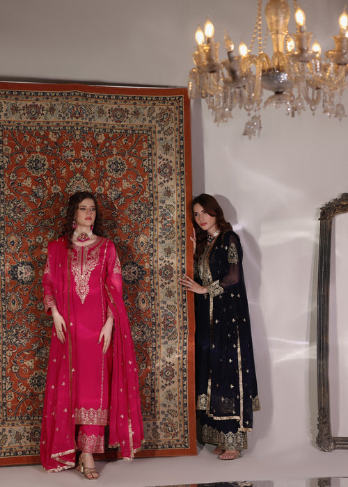 Abaan Zohan Women RTW Embroidered Chiffon 3 Piece Suit Andaz Navy Blue - Festive Collection