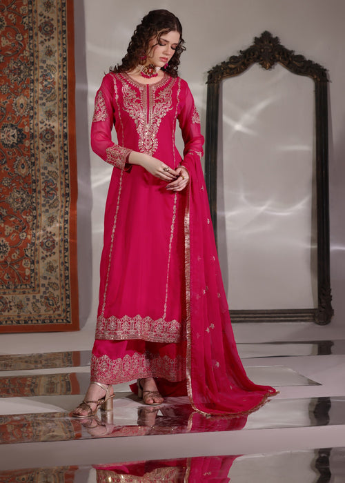 Abaan Zohan Women RTW Embroidered Chiffon 3 Piece Suit Andaz Pink - Festive Collection