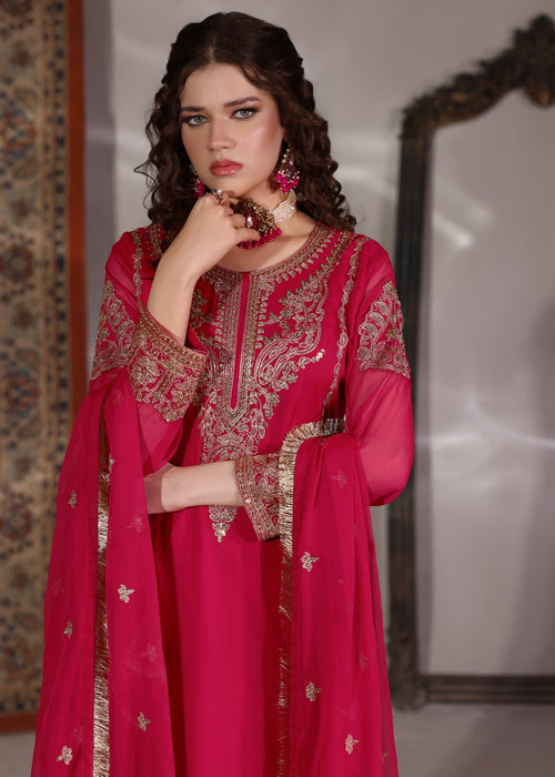 Abaan Zohan Women RTW Embroidered Chiffon 3 Piece Suit Andaz Pink - Festive Collection