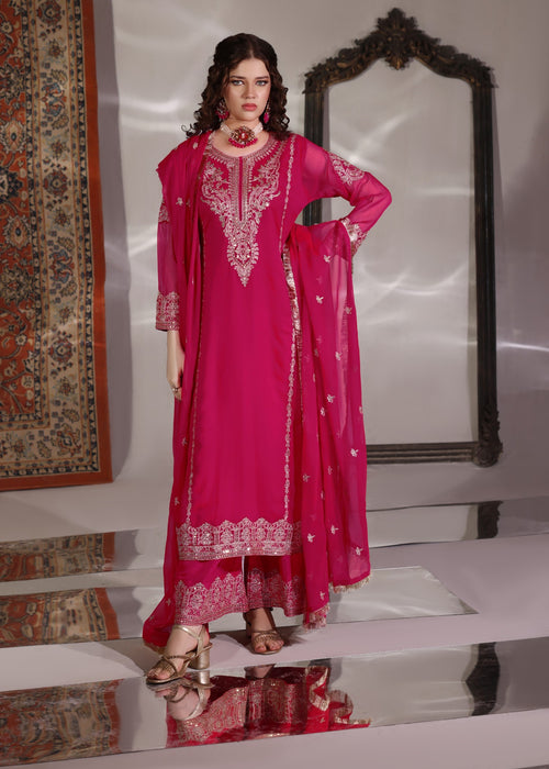 Abaan Zohan Women RTW Embroidered Chiffon 3 Piece Suit Andaz Pink - Festive Collection