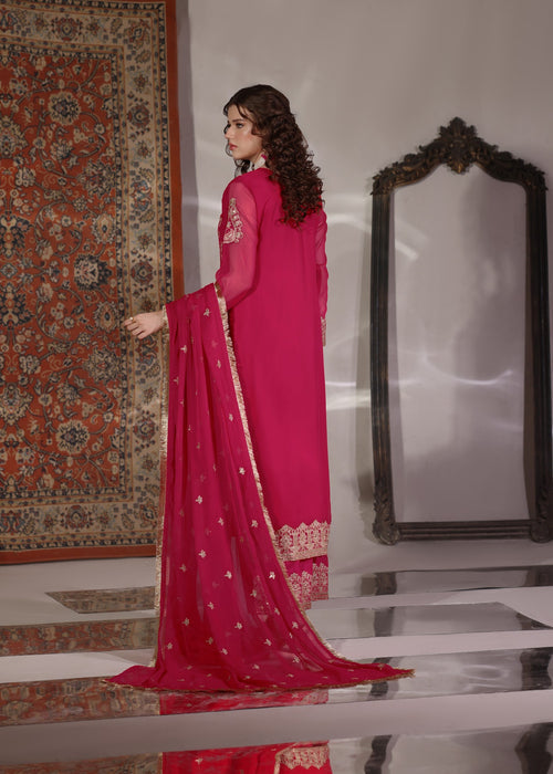 Abaan Zohan Women RTW Embroidered Chiffon 3 Piece Suit Andaz Pink - Festive Collection